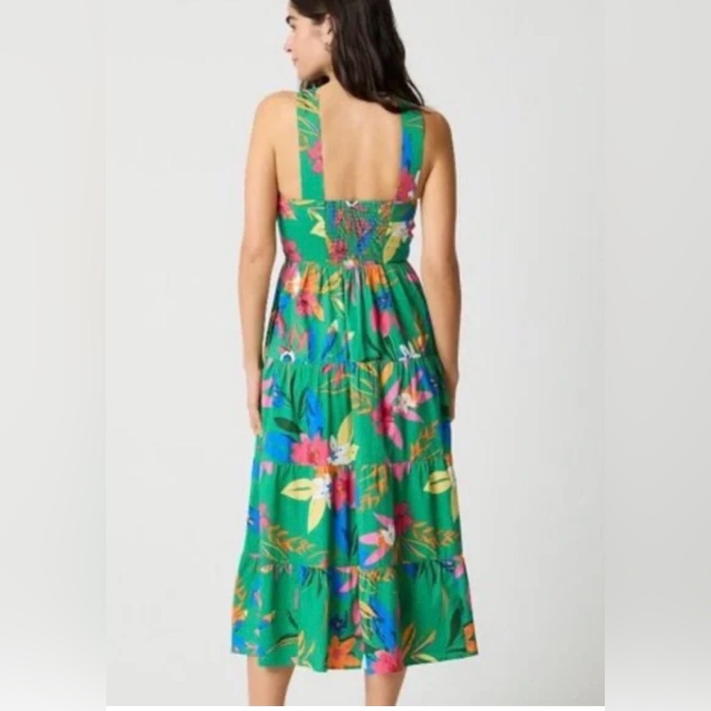 J. Crew Green Smocked Midi Dress | 100% Cotton | Farm Rio Vibes | Size 8 - Picture 3 of 14